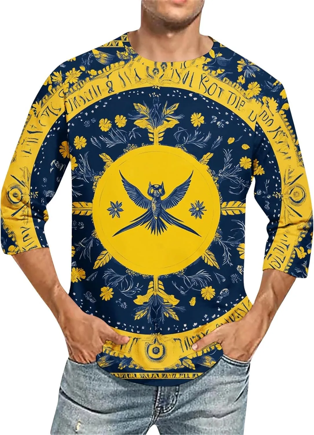 4th July Shirts for Men Men's Casual Crewneck 3/4 Sleeve Shirts Cotton Hawaiian Summer Tops Basic Pullover Workout Tees
