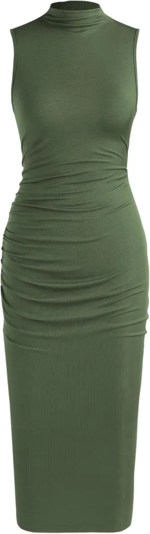 CIDER Work Dresses for Women High Neck Sleeveless Bodycon Ruched Cocktail Party Midi Dresses
