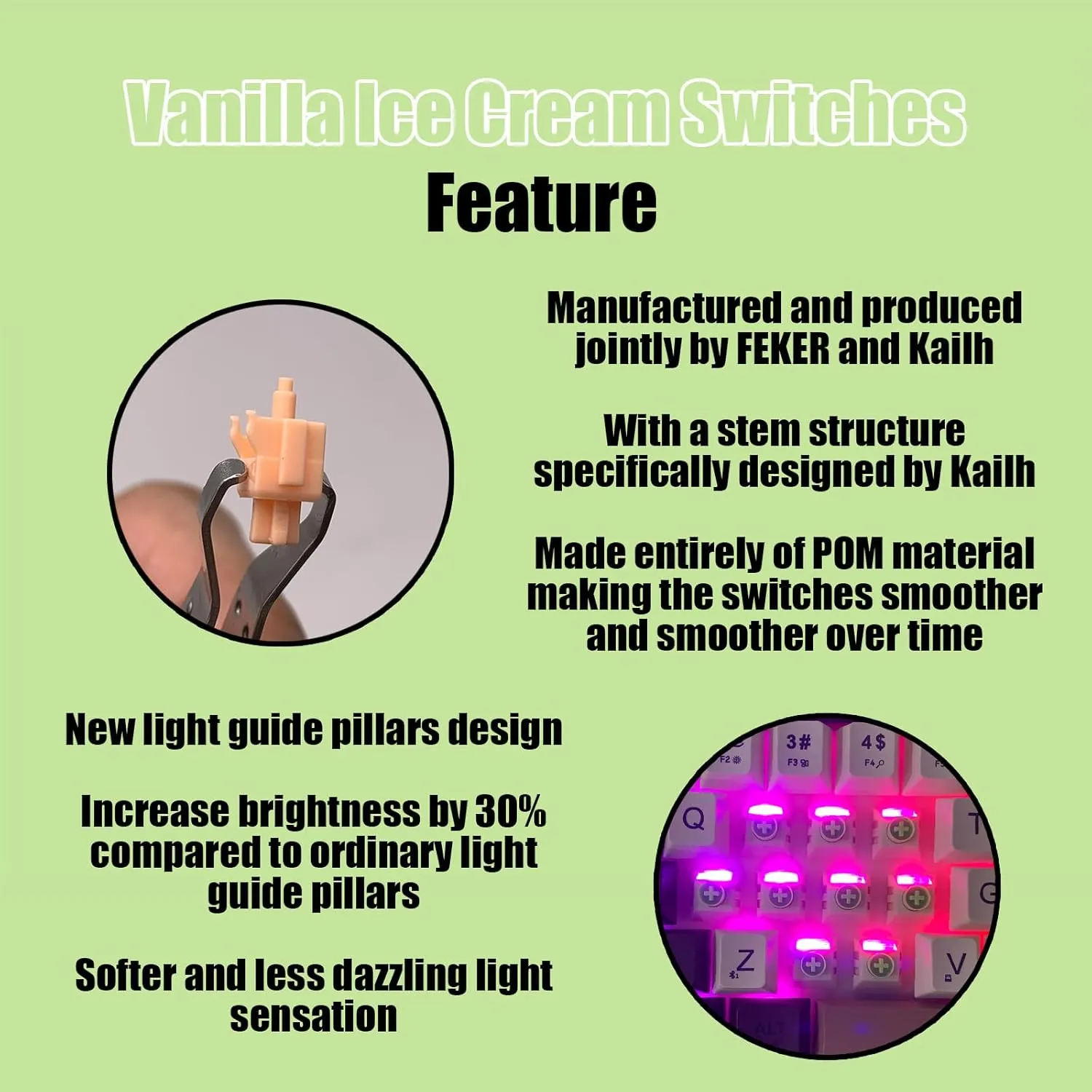 FEKER Kailh Vanilla Ice Cream Switches Mechanical Keyboard Accessories 38gf 5 Pin Full Pom Material RGB Linear Hotswappable Cherry Mx Style Pre Lubed Customized (10PCS)