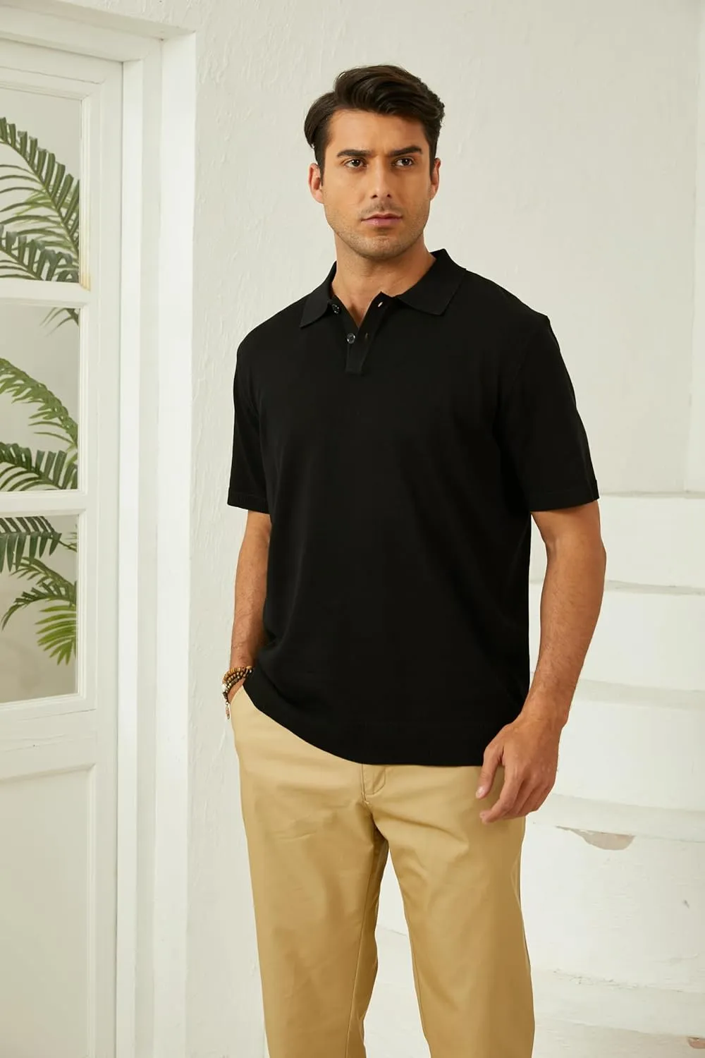 Mens Knit Polo Shirts Short Sleeve Casual Classic Collared Stretchy T-Shirts
