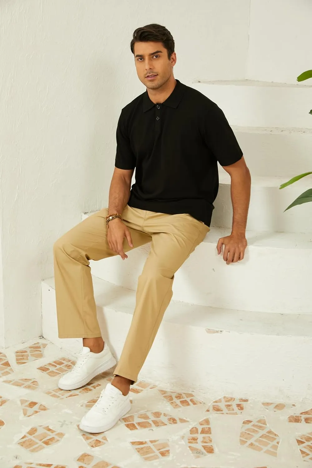 Mens Knit Polo Shirts Short Sleeve Casual Classic Collared Stretchy T-Shirts