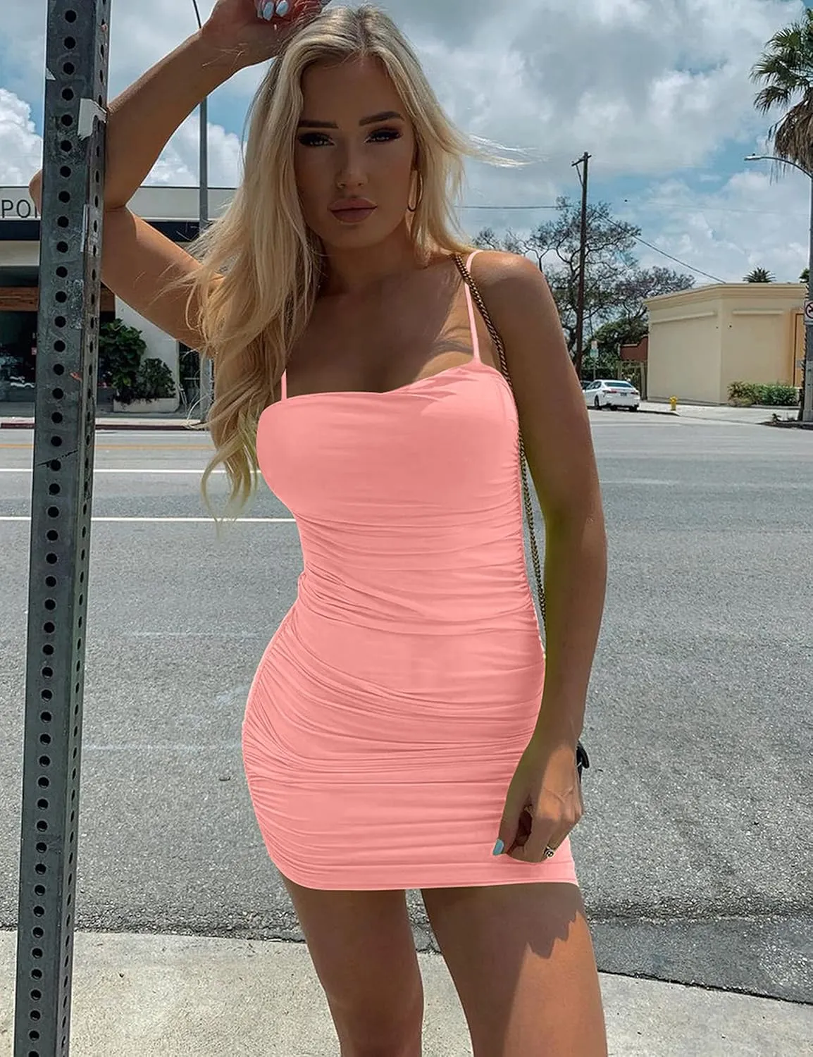 Mizoci Women's Sexy Sleeveless Ruched Spaghetti Strap Bodycon Mini Club Party Dress