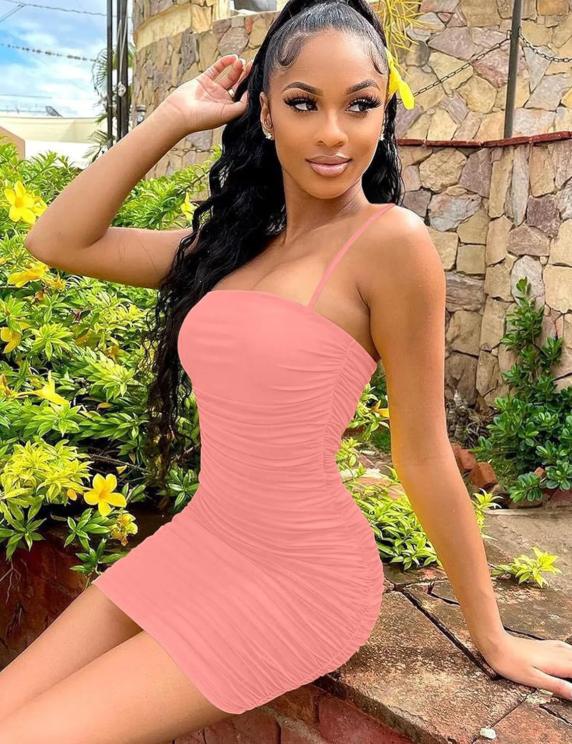 Mizoci Women's Sexy Sleeveless Ruched Spaghetti Strap Bodycon Mini Club Party Dress