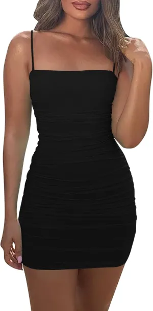 Mizoci Women's Sexy Sleeveless Ruched Spaghetti Strap Bodycon Mini Club Party Dress