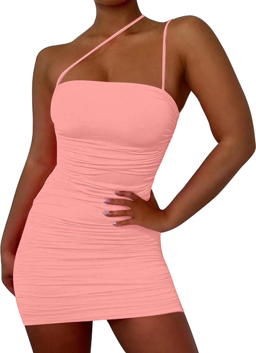 Mizoci Women's Sexy Sleeveless Ruched Spaghetti Strap Bodycon Mini Club Party Dress