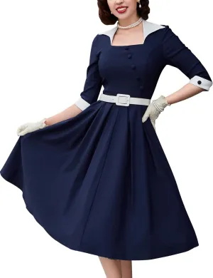 MUXXN Women's 50s Retro Casual Swing Midi Dress 3/4 Sleeve Square A Line Neck Vintage Cocktail Wedding Guest Bodycon Prom