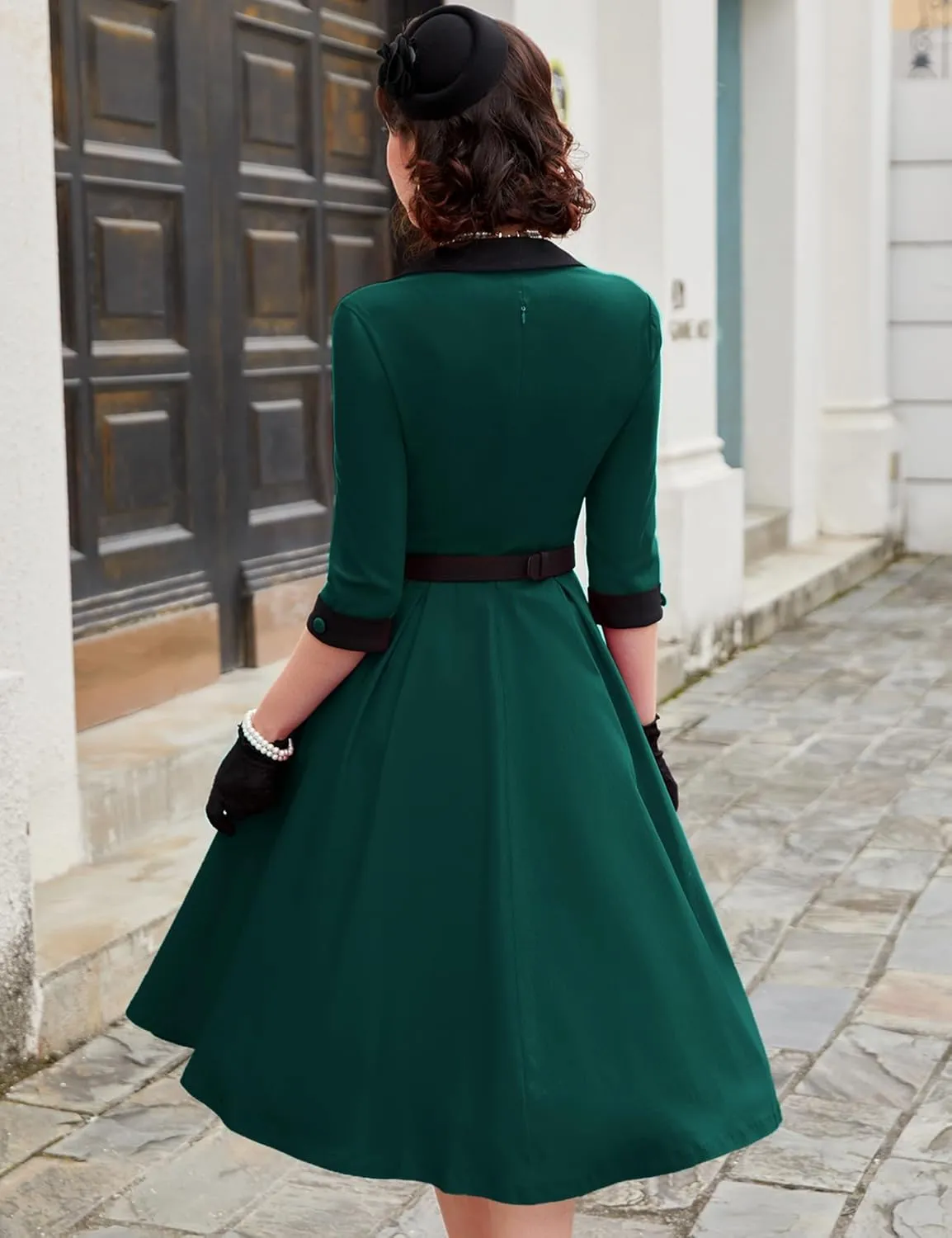 MUXXN Women's 50s Retro Casual Swing Midi Dress 3/4 Sleeve Square A Line Neck Vintage Cocktail Wedding Guest Bodycon Prom