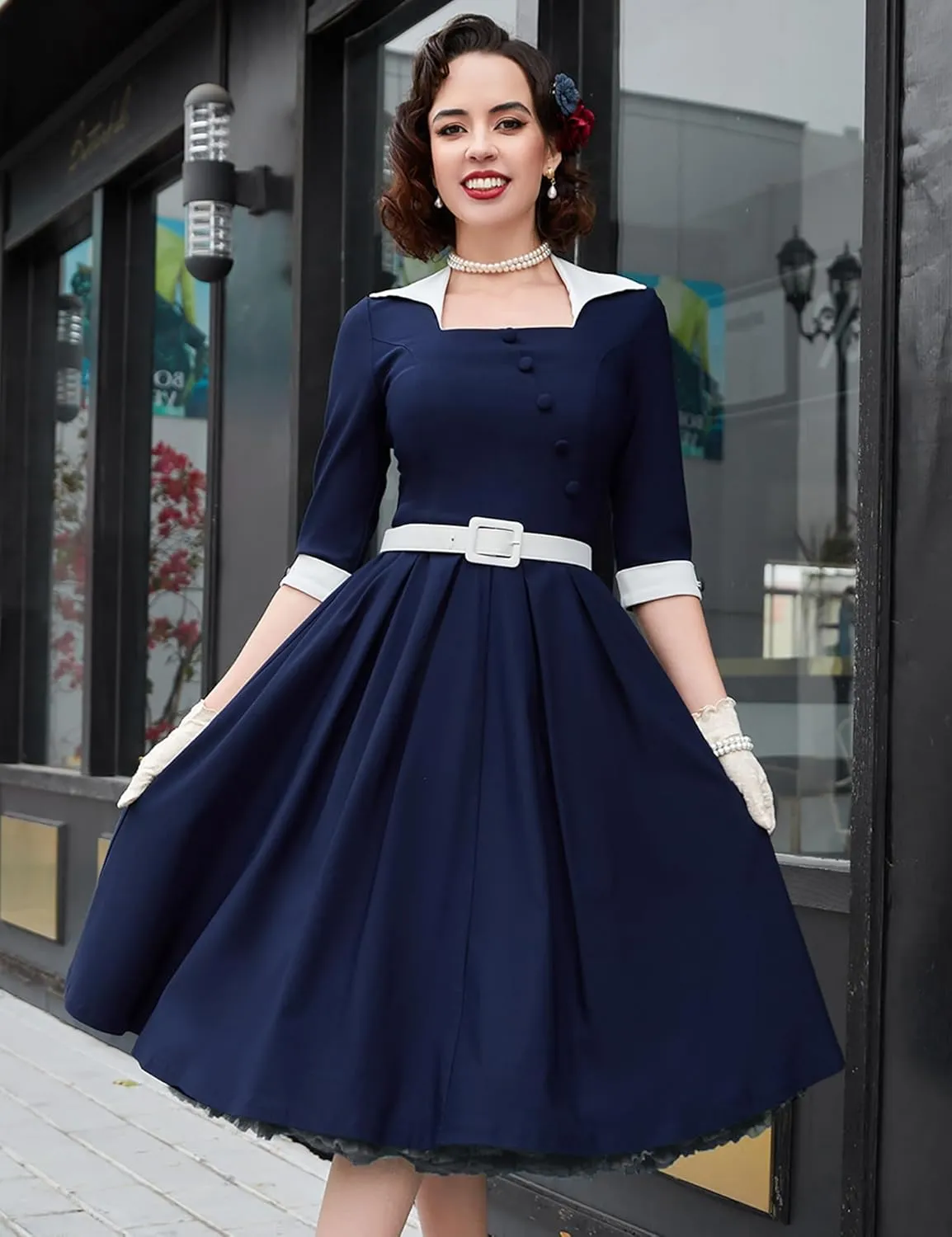 MUXXN Women's 50s Retro Casual Swing Midi Dress 3/4 Sleeve Square A Line Neck Vintage Cocktail Wedding Guest Bodycon Prom