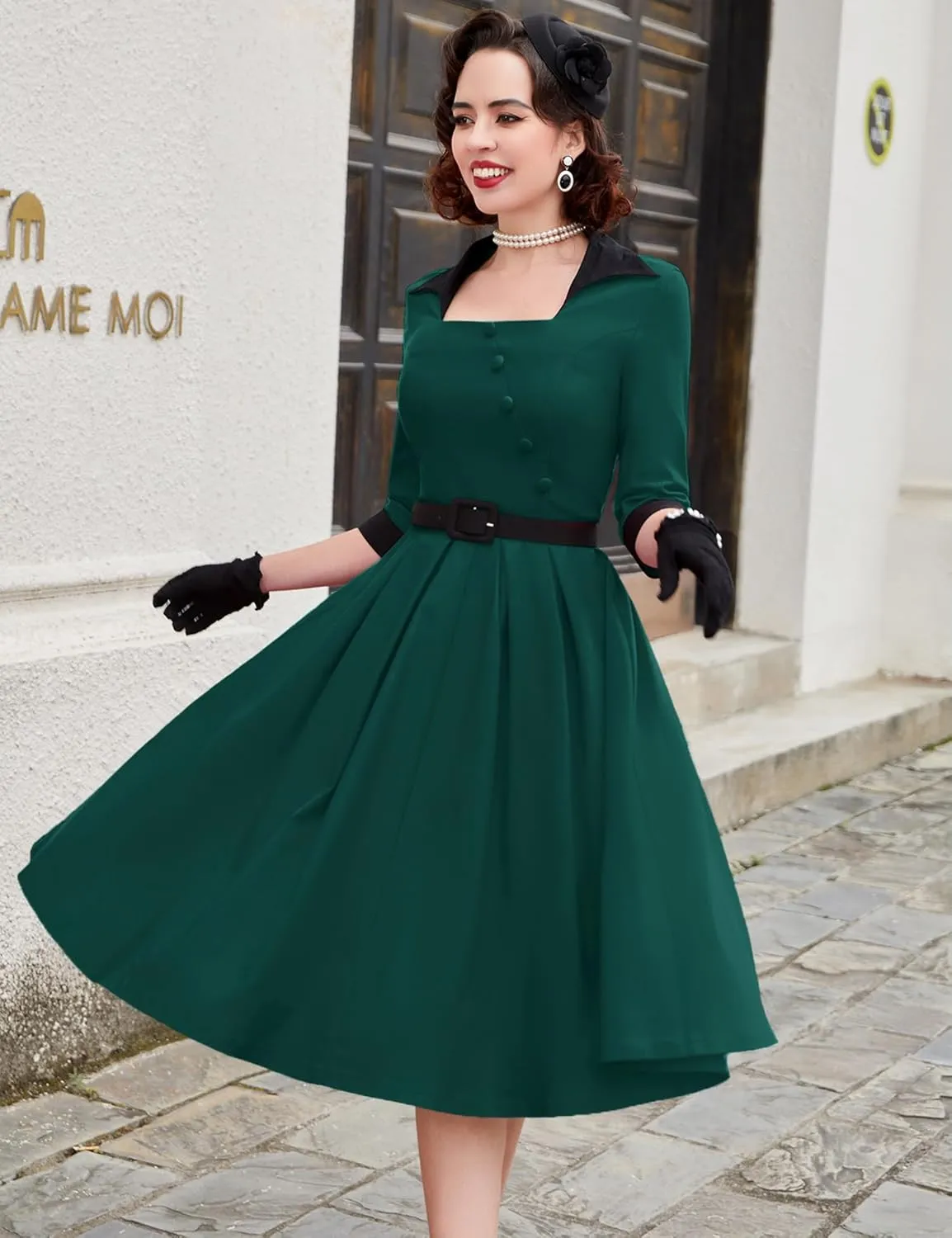 MUXXN Women's 50s Retro Casual Swing Midi Dress 3/4 Sleeve Square A Line Neck Vintage Cocktail Wedding Guest Bodycon Prom