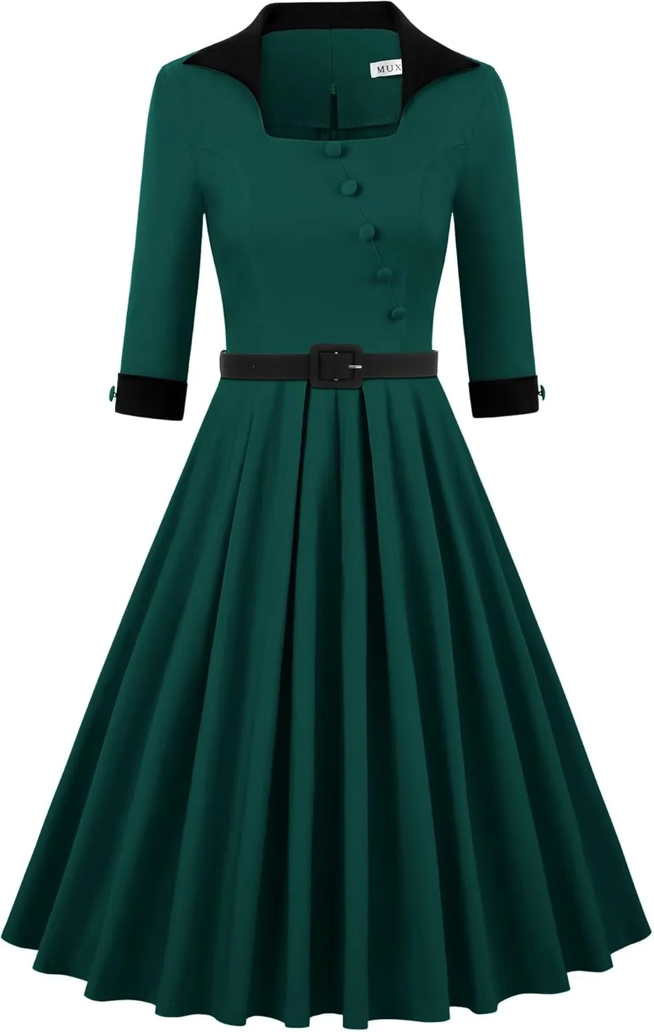 MUXXN Women's 50s Retro Casual Swing Midi Dress 3/4 Sleeve Square A Line Neck Vintage Cocktail Wedding Guest Bodycon Prom