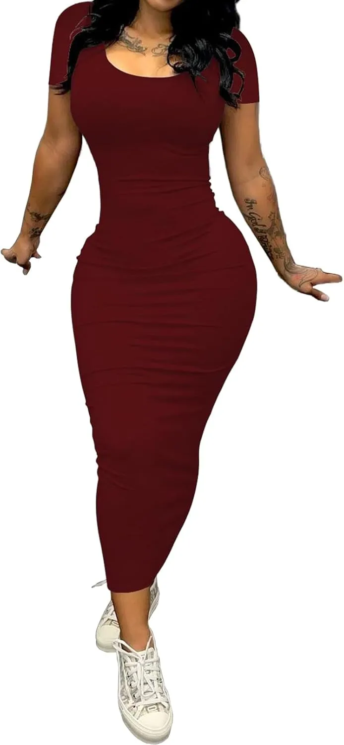 PINSV Women's Casual Bodycon Maxi Dress Summer Scoop Neck Short Sleeve Long Fitted Dresses Club Party