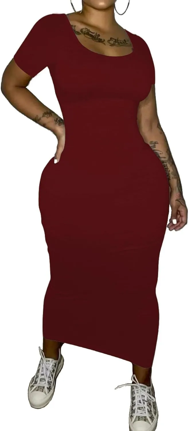 PINSV Women's Casual Bodycon Maxi Dress Summer Scoop Neck Short Sleeve Long Fitted Dresses Club Party
