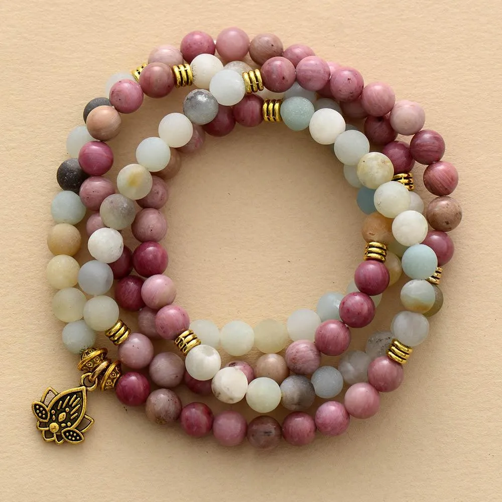Rhodonite & Amazonite w/ Lotus Charm Stretchy Bracelet