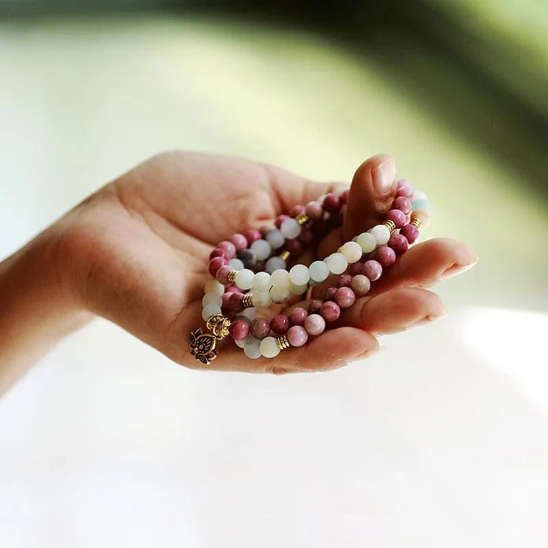 Rhodonite & Amazonite w/ Lotus Charm Stretchy Bracelet