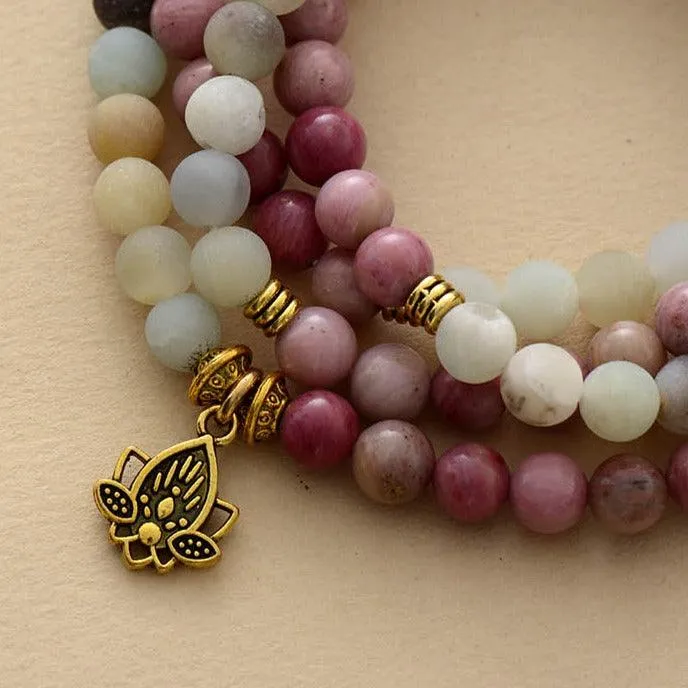 Rhodonite & Amazonite w/ Lotus Charm Stretchy Bracelet