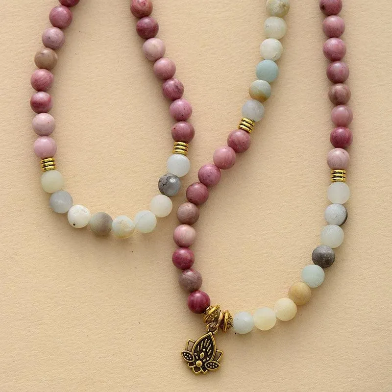 Rhodonite & Amazonite w/ Lotus Charm Stretchy Bracelet