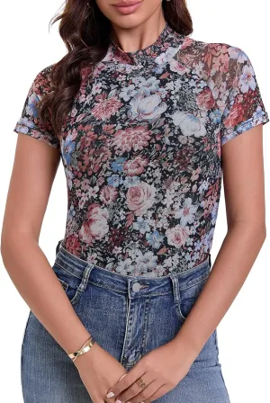 SKYZOO Floral Mesh Short Sleeve Lace Tops Double Line Western Cute Going Out Summer Shirts 2025