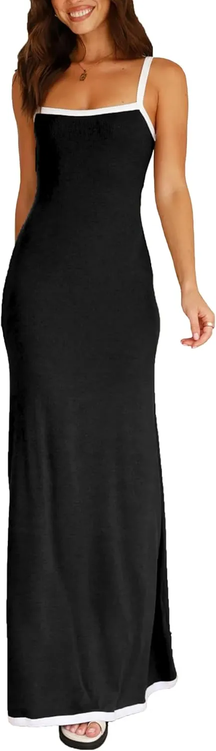 Summer Knit Maxi Dress Sleeveless Contrasting Edges Elasticated Straps Long A-Line Bodycon Slim Dress
