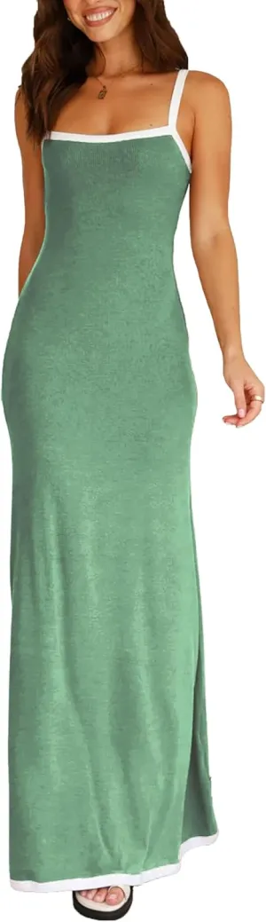 Summer Knit Maxi Dress Sleeveless Contrasting Edges Elasticated Straps Long A-Line Bodycon Slim Dress