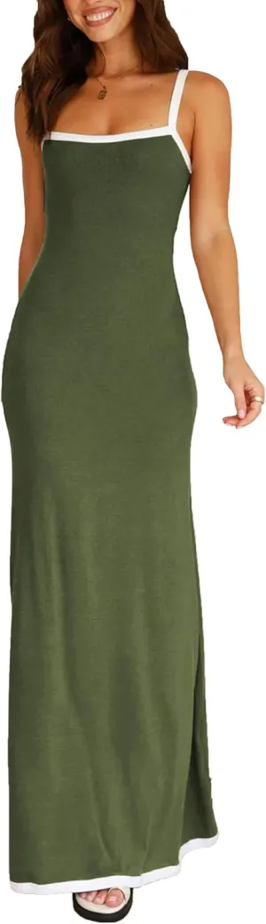 Summer Knit Maxi Dress Sleeveless Contrasting Edges Elasticated Straps Long A-Line Bodycon Slim Dress