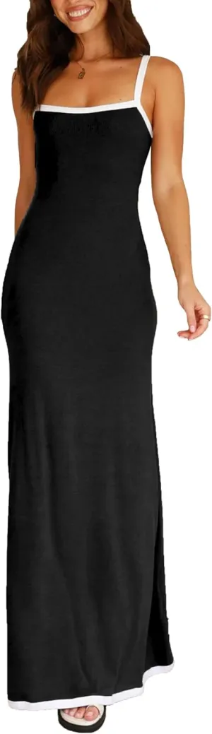 Summer Knit Maxi Dress Sleeveless Contrasting Edges Elasticated Straps Long A-Line Bodycon Slim Dress