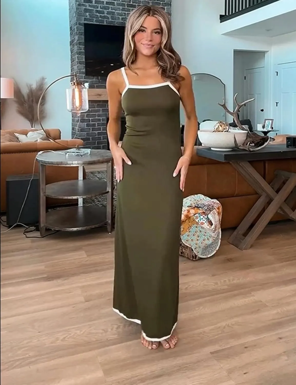 Summer Knit Maxi Dress Sleeveless Contrasting Edges Elasticated Straps Long A-Line Bodycon Slim Dress
