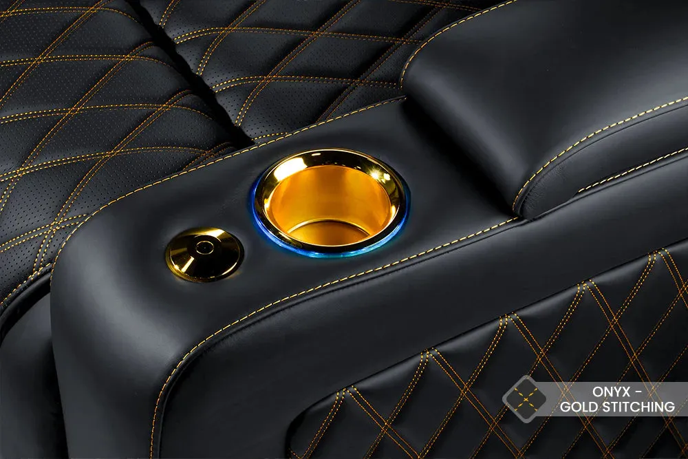 Valencia Oslo Ultimate Luxury Leather Home Theater Seating Row of 5, Onyx with Gold Stitching