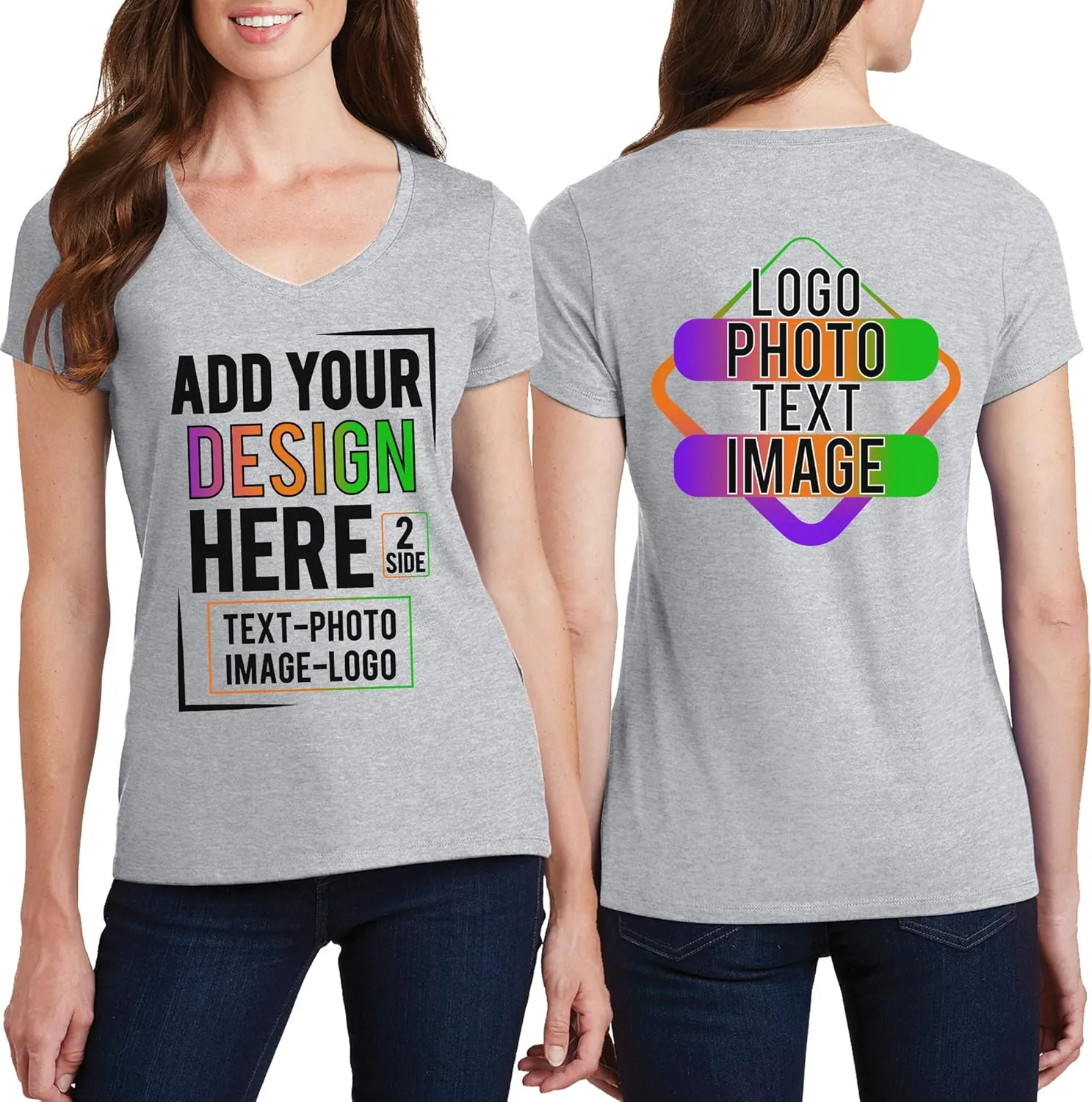 Women Custom V Neck T Shirts Design Your Own Add Picture Photo Text Two Sided
