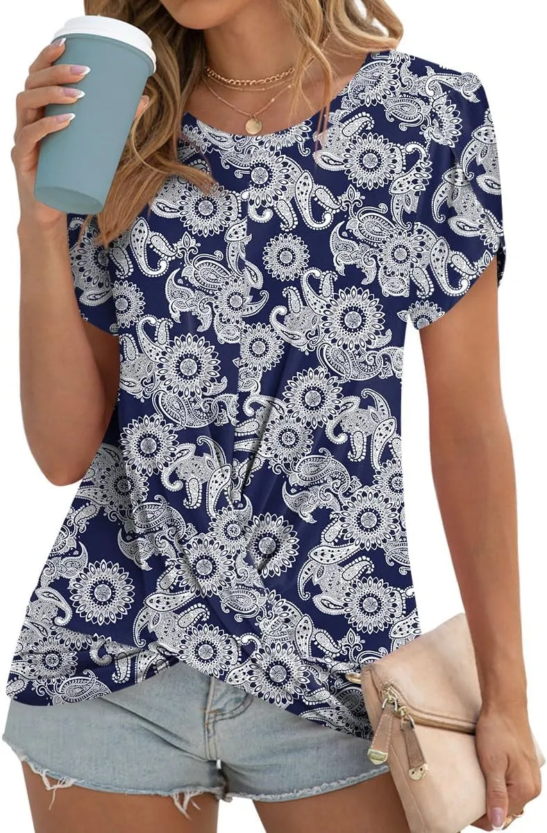 Womens 2025 Summer Tops Casual Twist Front Blouses Short Sleeve Tshirts Fitting Tunic S-3XL