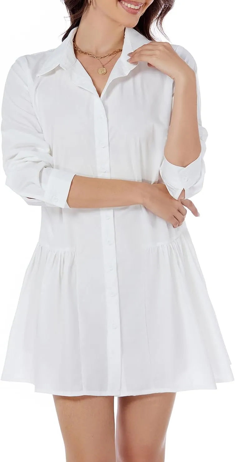 Women's Casual Button Down Shirt Dress Long Sleeve Collared Swing Ruffle Hem Shift Mini Dress