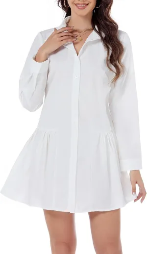 Women's Casual Button Down Shirt Dress Long Sleeve Collared Swing Ruffle Hem Shift Mini Dress