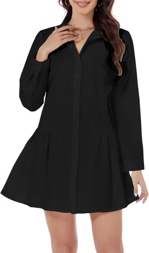 Women's Casual Button Down Shirt Dress Long Sleeve Collared Swing Ruffle Hem Shift Mini Dress