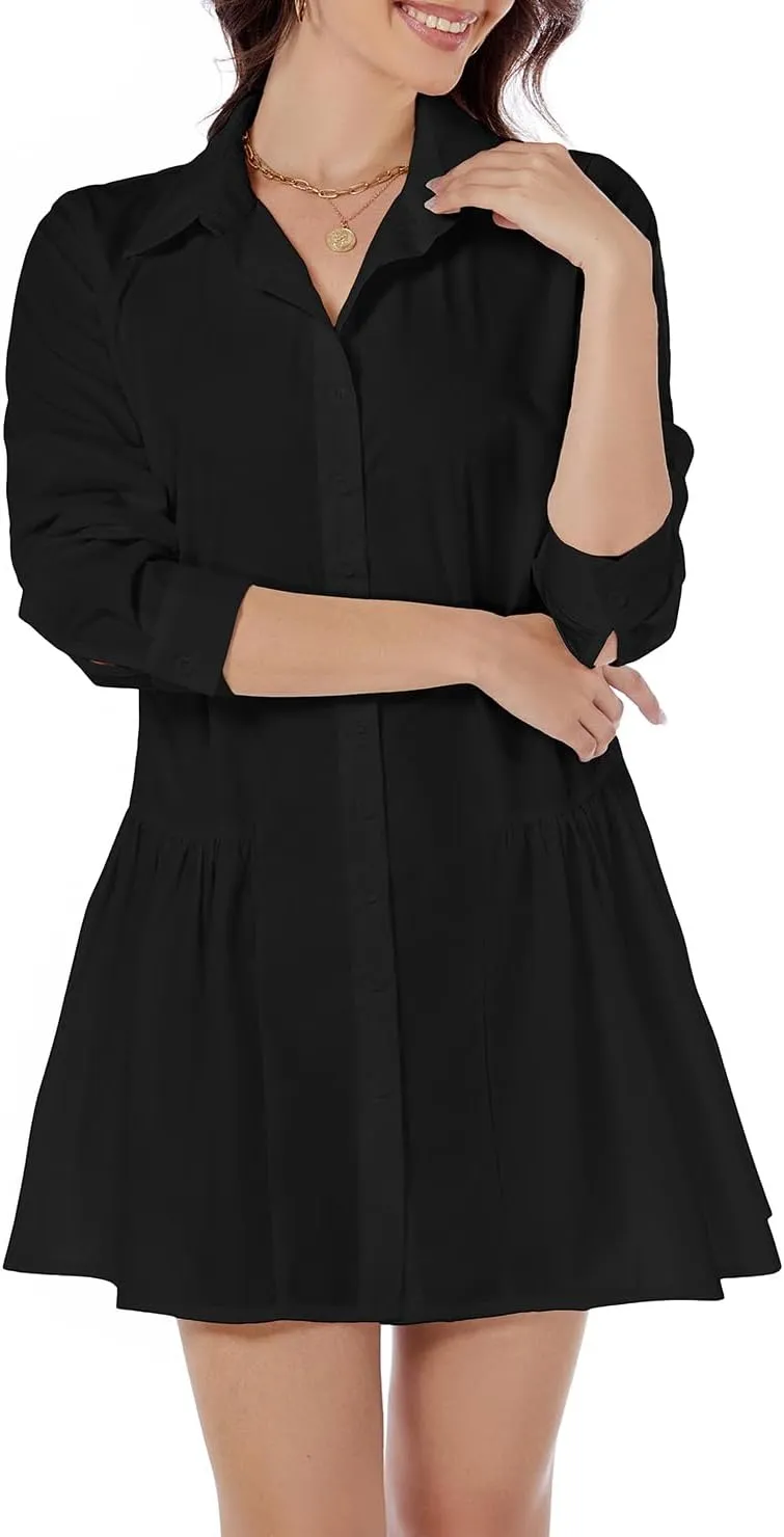 Women's Casual Button Down Shirt Dress Long Sleeve Collared Swing Ruffle Hem Shift Mini Dress