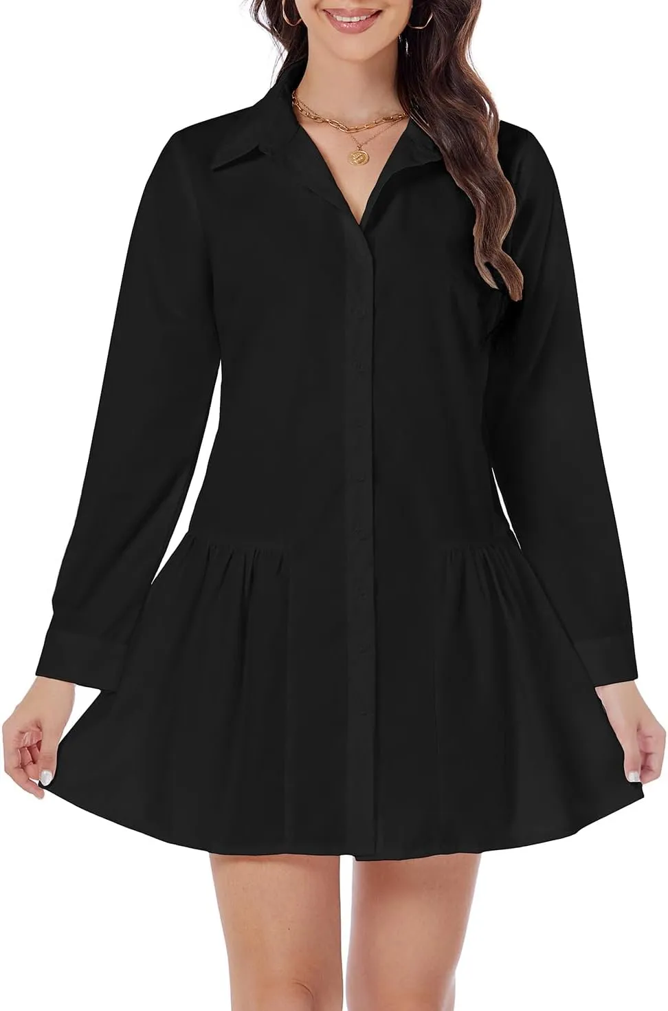 Women's Casual Button Down Shirt Dress Long Sleeve Collared Swing Ruffle Hem Shift Mini Dress
