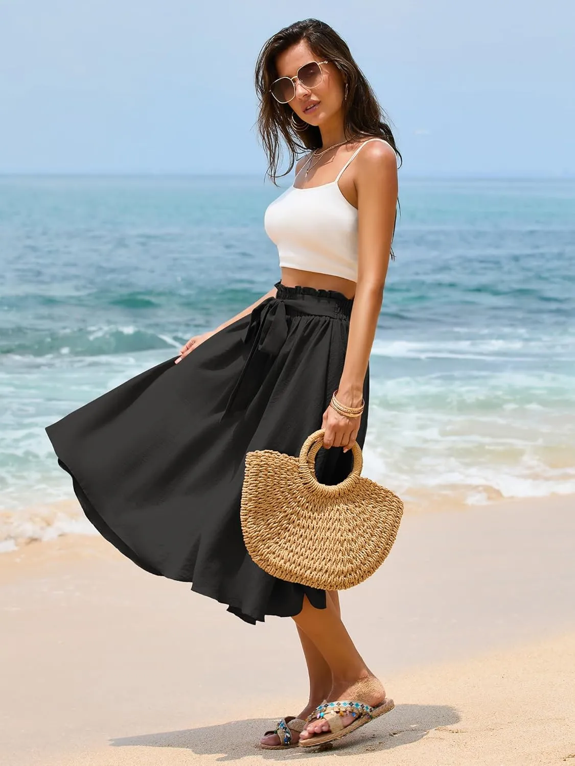 Women's Elastic High Waist Pleated A-Line Midi Skirts with Adjustable Tie Belt Side Pockets