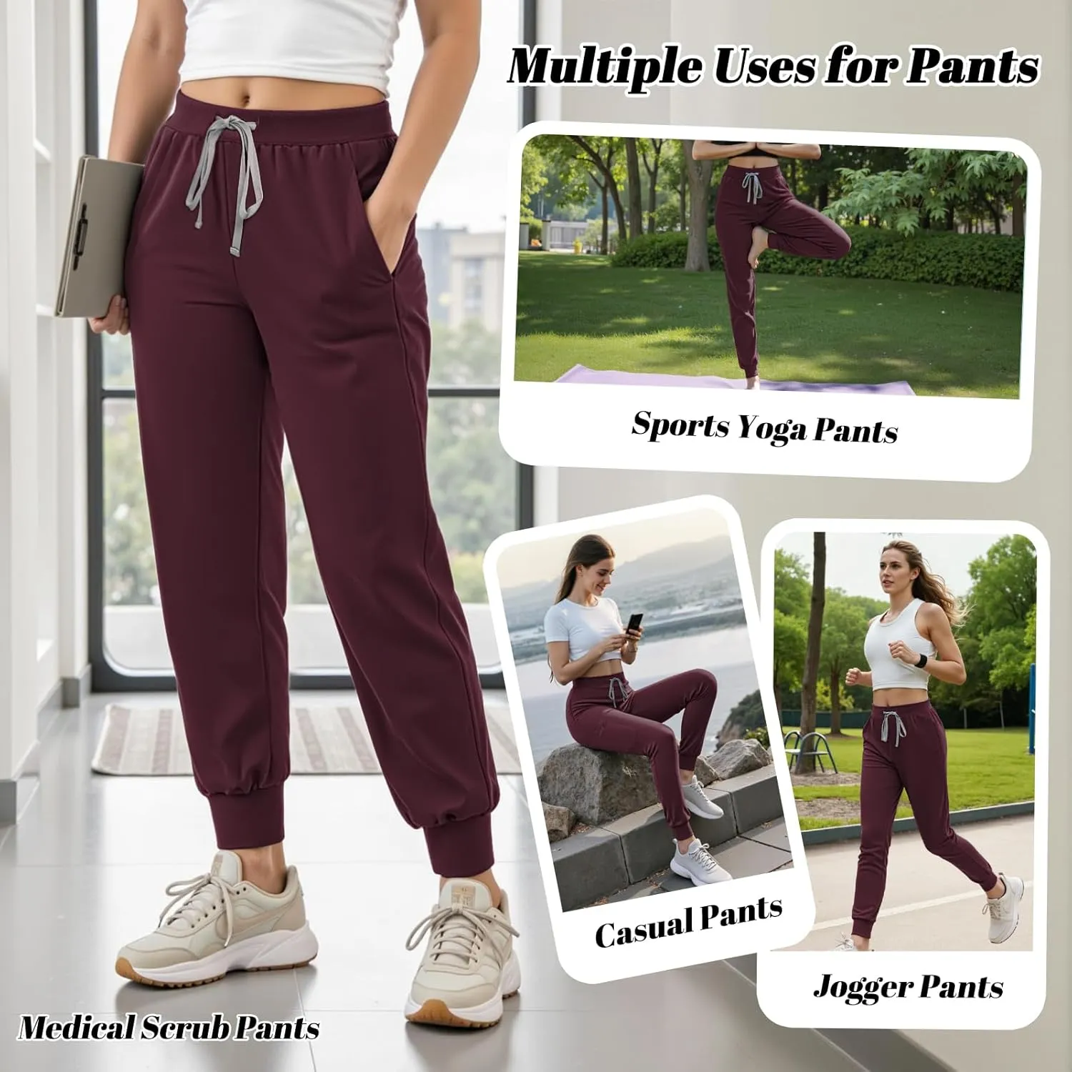Women's Scrub Pants, Lightweight Soft Stretch Yoga Jogger with Elastic Drawstring Waistband, Mid-Rise Slim Fit Cargo Pants