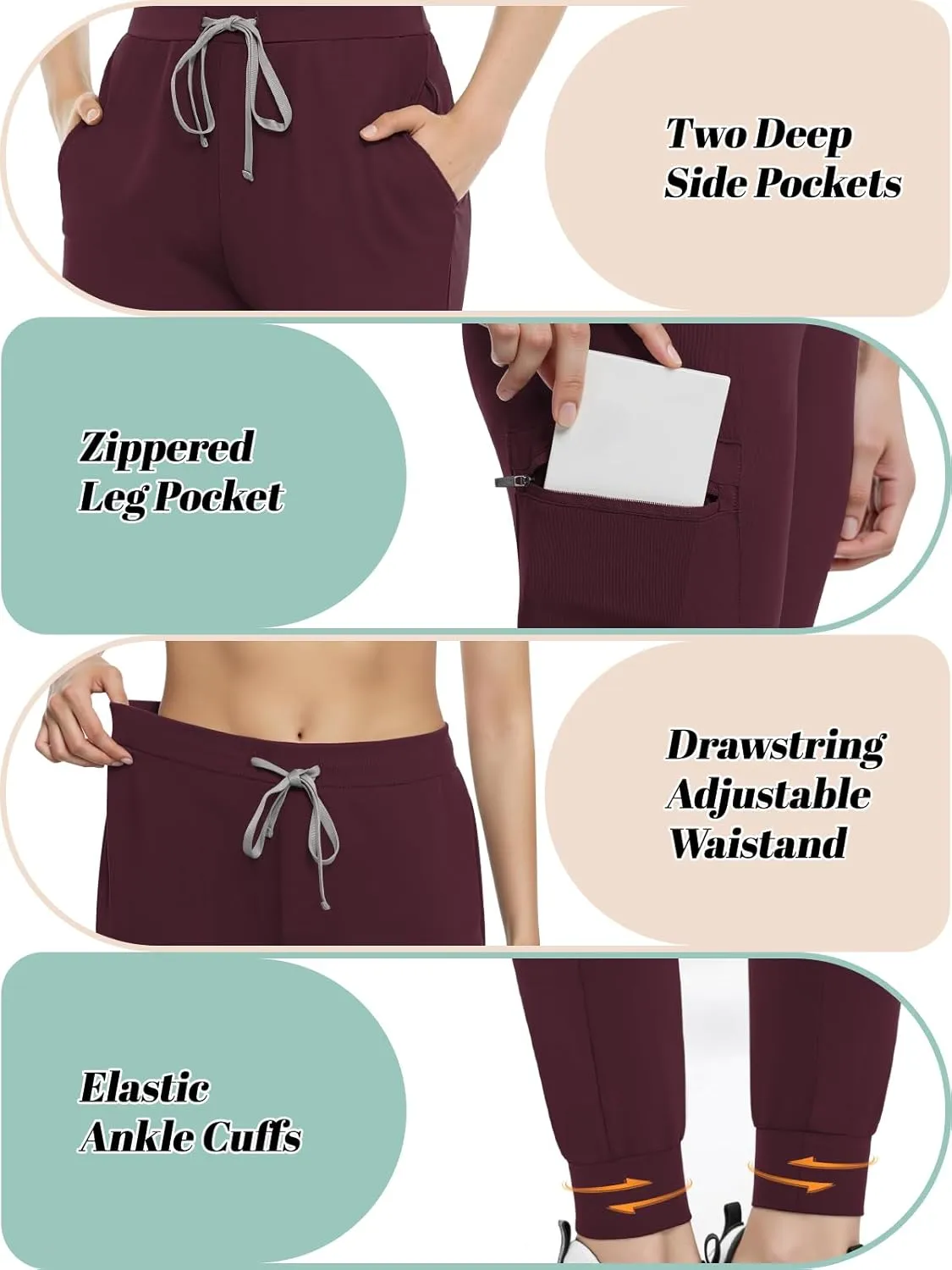 Women's Scrub Pants, Lightweight Soft Stretch Yoga Jogger with Elastic Drawstring Waistband, Mid-Rise Slim Fit Cargo Pants