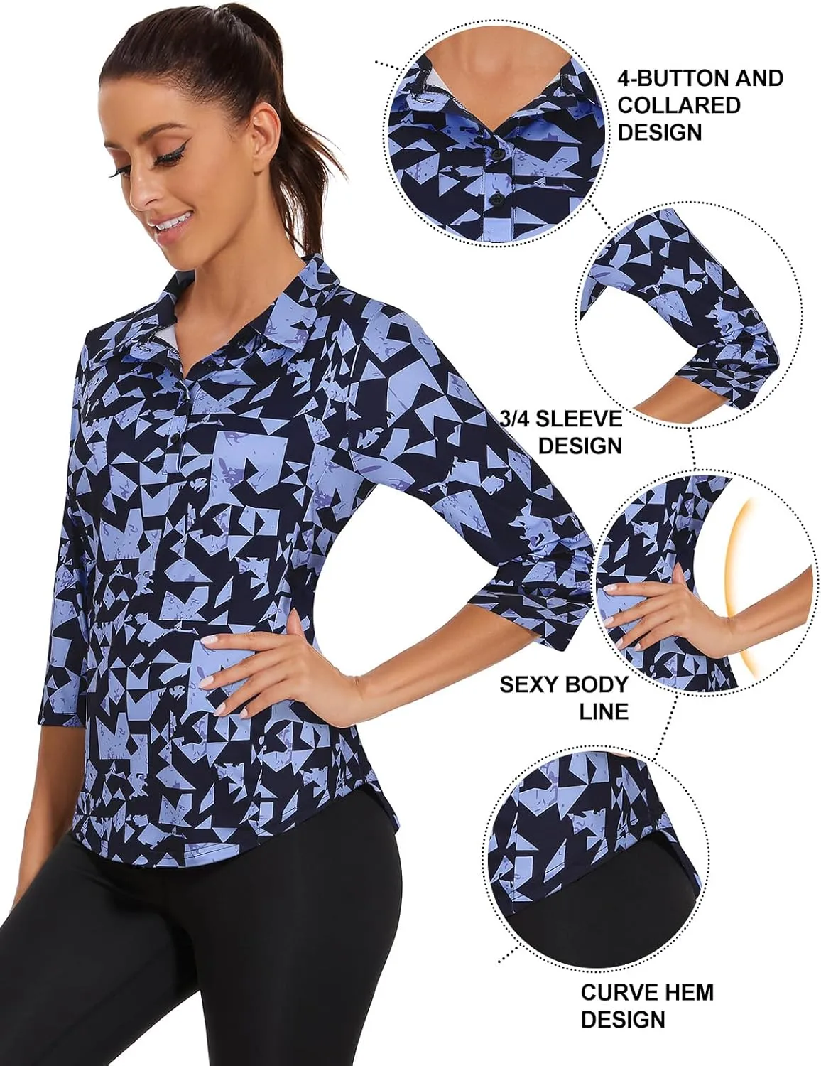 Zamowoty Women's 3/4 Sleeve Golf Tennis Polo Shirts 4-Button Dry Fit Workout Tops Athletic Shirt UPF50 